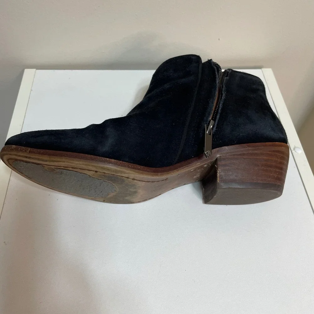 Sam‎ Edelman Black Suede Side Zip Low Block Heel Ankle Boots Women Size 5.5